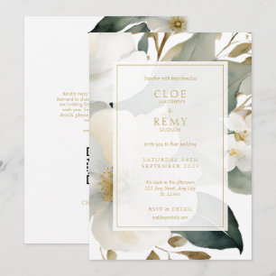 White & Gold Floral Foliage Watercolor Wedding In Invitation