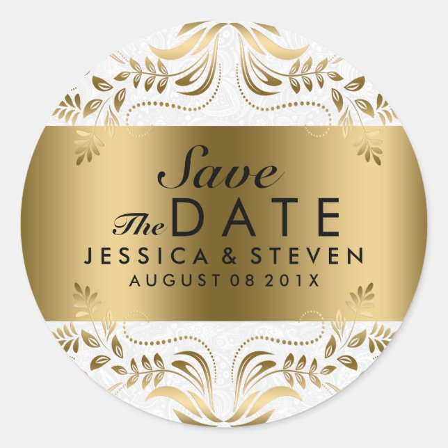White & Gold Floral Lace Save The Date Classic Round Sticker (Front)