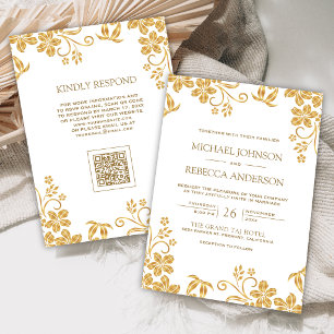White Gold Floral Leaves QR Code Wedding Invitation