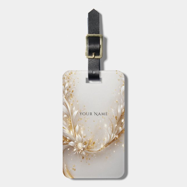 White Gold Floral Luggage Tag (Front Vertical)