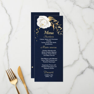 white gold floral navy blue menu