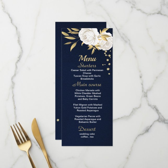 white gold floral navy blue menu (Front/Back In Situ)