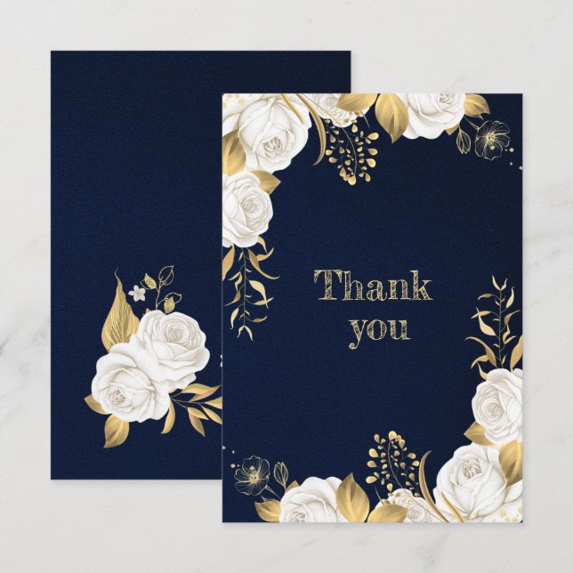 white gold floral navy blue thank you card (Front/Back)