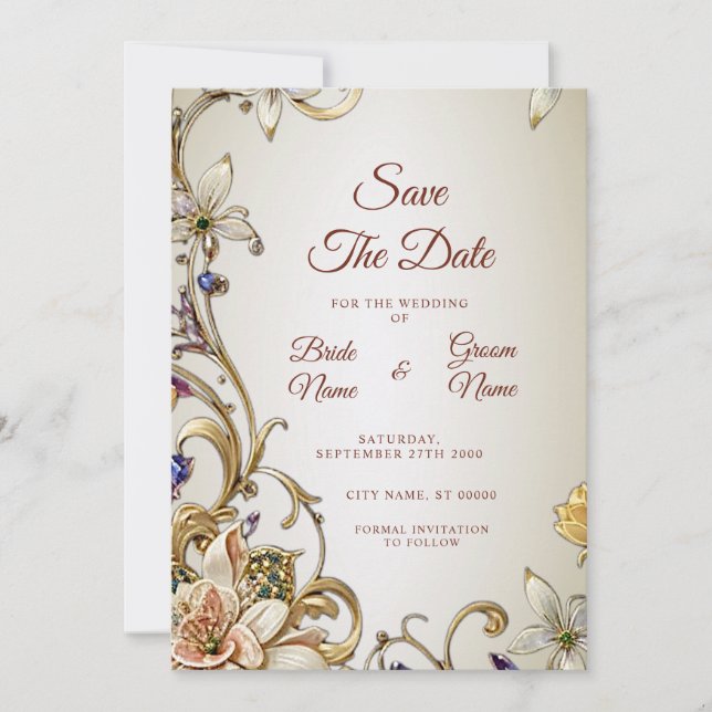 White Gold Floral Save The Date (Front)