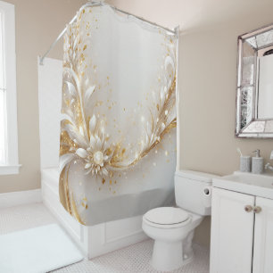 White Gold Floral Shower Curtain