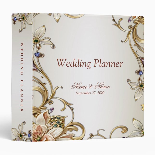 White Gold Floral Wedding Planner Binder (Front/Spine)