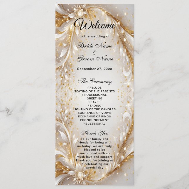 White Gold Floral Wedding Program (Front)