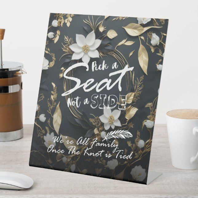 White Gold Floral Wreath Open Seating Wedding Sign (In SItu)