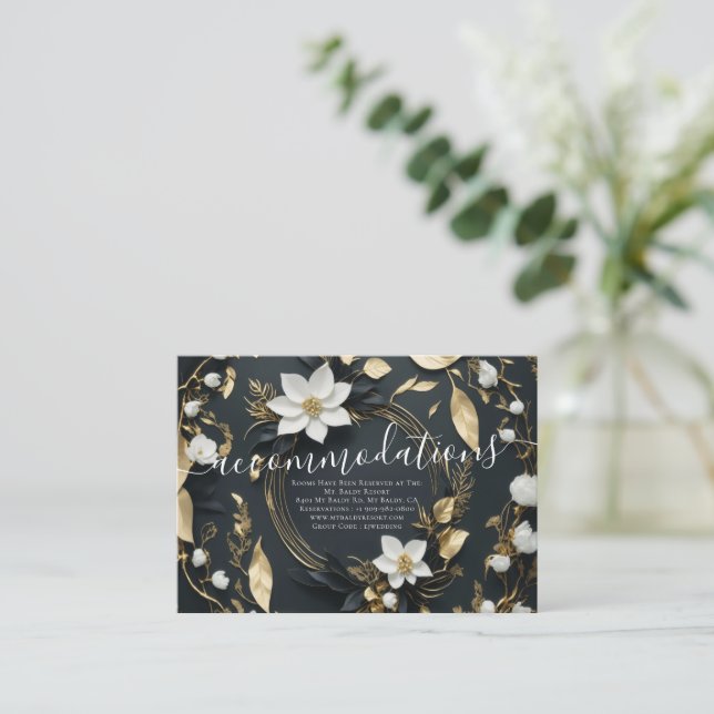 White Gold Floral Wreath Wedding Accommodations Enclosure Card (Standing Front)