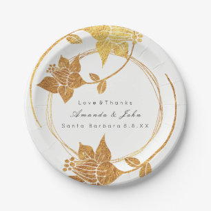 White Gold Floral Wreath Wedding Bridal Anniversar Paper Plate