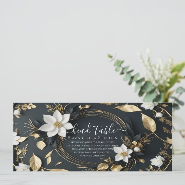 White Gold Floral Wreath Wedding Head Table Sign (Standing Front)