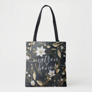 White & Gold Floral Wreath Wedding Matron of Honou Tote Bag