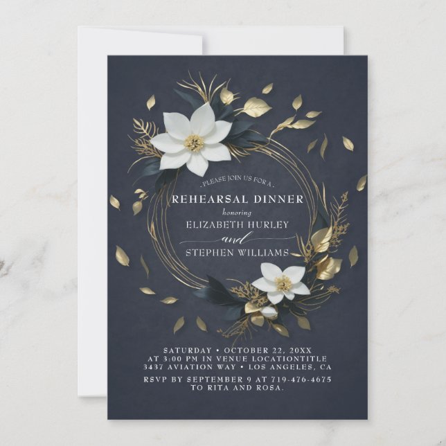 White Gold Floral Wreath Wedding Rehearsal Dinner Invitation (Front)