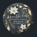 White Gold Floral Wreath Wedding Save The Date Magnet<br><div class="desc">Modern Vintage Elegant Wedding Save The Date Magnet Template - Elegant Black White and Gold Floral Wreath.
These Designs Can Be Personalized For Your Special Occasion And Would Be Perfect For Your Wedding,  Bridal Shower,  Engagement Party,  Birthday Party And Many More Special Occasions.</div>