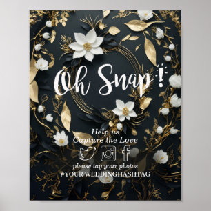 White Gold Floral Wreath Wedding Snap Hashtag Sign
