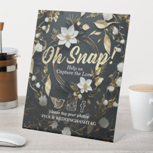 White Gold Floral Wreath Wedding Snap Hashtag Sign