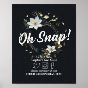 White Gold Floral Wreath Wedding Snap Hashtag Sign