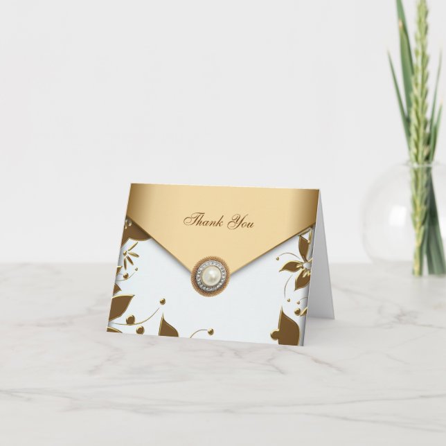 White Gold Flower Pearl Thank You Cards (Front)