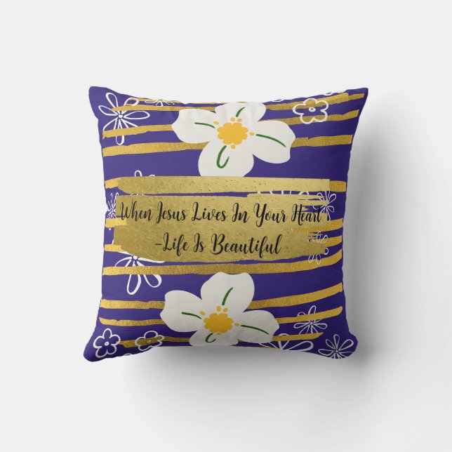 White & Gold Flower Throw Pillow (Back)