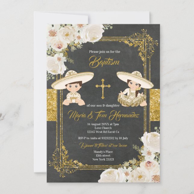 White Gold Flowers Mexican Baptism Fiesta Twin    Invitation (Front)