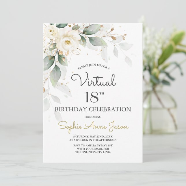 White Gold Flowers Virtual 18th Birthday Party Invitation (Standing Front)