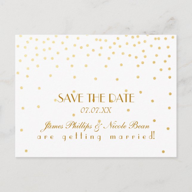 White & Gold Foil Dots Save The Date Postcard (Front)
