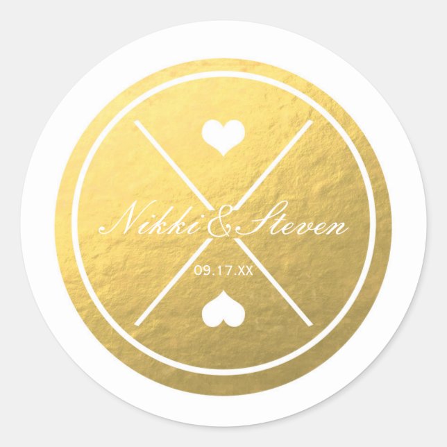White & Gold Foil Heart Round Wedding Sticker (Front)