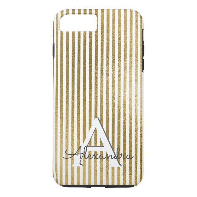 White & Gold Foil Striped Monogram & Initial Case-Mate iPhone Case (Back)