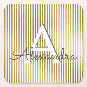 White & Gold Foil Striped Monogram & Initial Square Paper Coaster