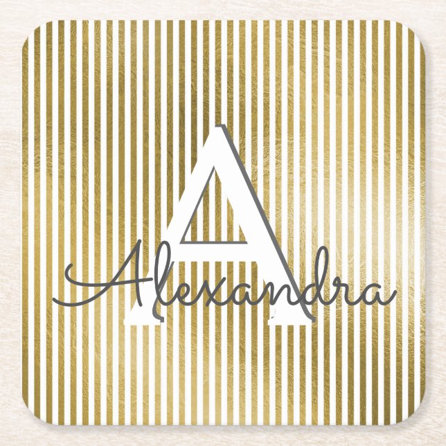 White & Gold Foil Striped Monogram & Initial Square Paper Coaster (Front)