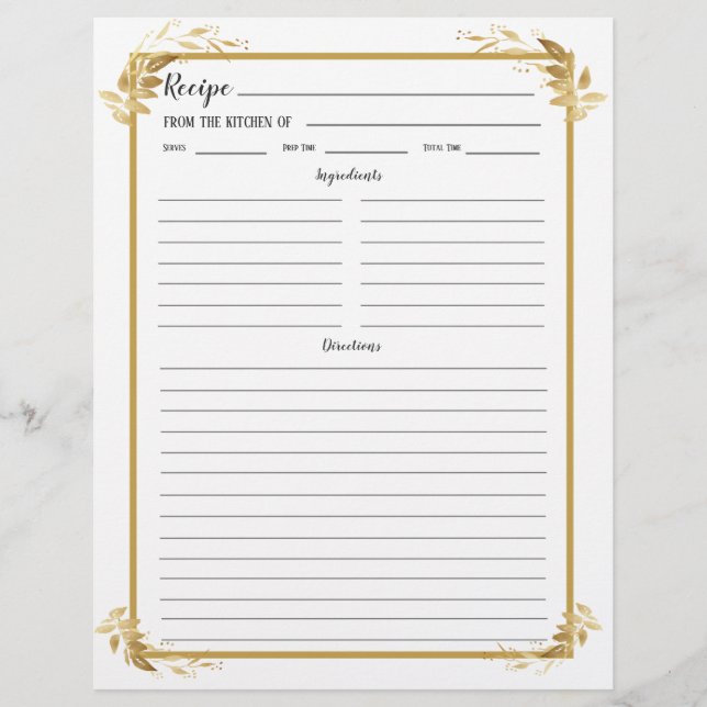 White Gold Foliage Recipe Binder Page (Front)