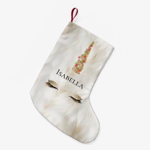 White Gold Fur Sparkle Glam Unicorn Lights Small Christmas Stocking