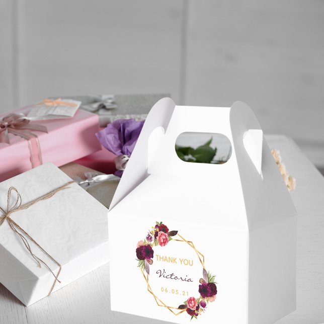 White gold geometric burgundy floral bridal shower favor box (Creator Uploaded)