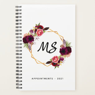 White gold geometric burgundy floral monogram planner