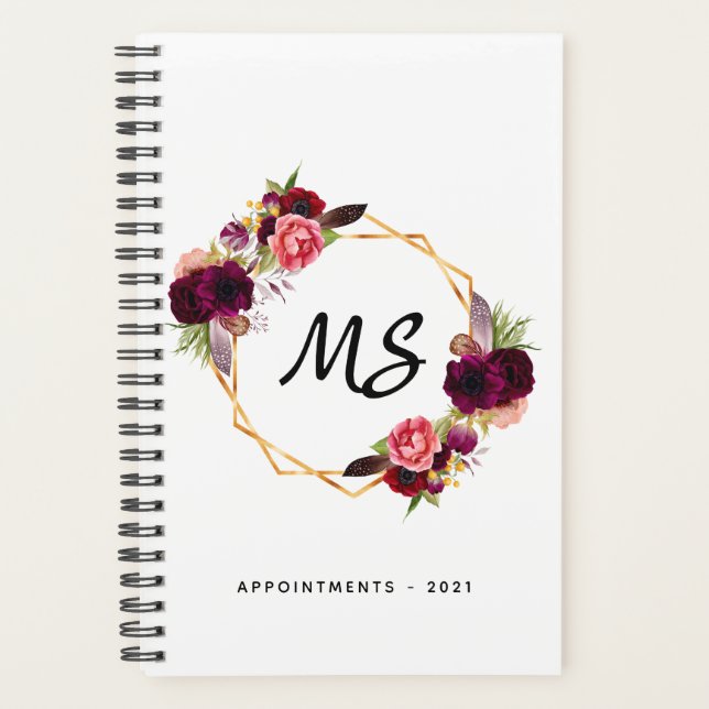 White gold geometric burgundy floral monogram planner (Front)