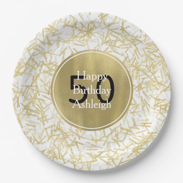 White Gold Glam Confetti 50th Birthday Paper Plate (Front)