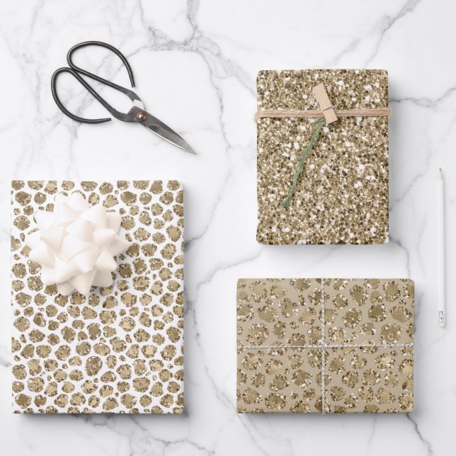 White Gold Glam Glitter Glitz Leopard Print     Wrapping Paper Sheet (Front)