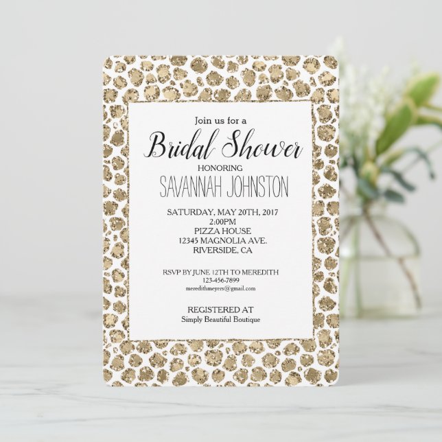 White Gold Glam Glitter Leopard Bridal Shower Invitation (Standing Front)