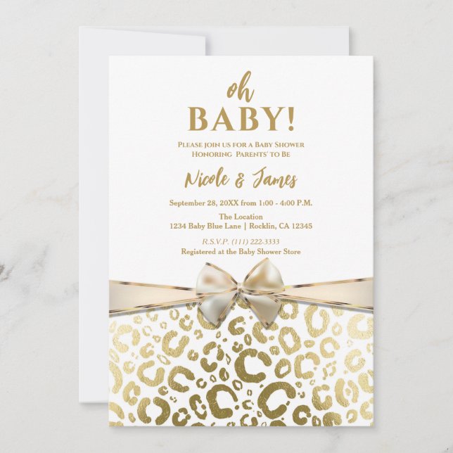 White & Gold Glam Leopard Print Baby Shower Invitation (Front)