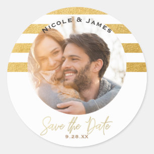 White Gold Glam Picture Photo Modern SAVE THE DATE Classic Round Sticker