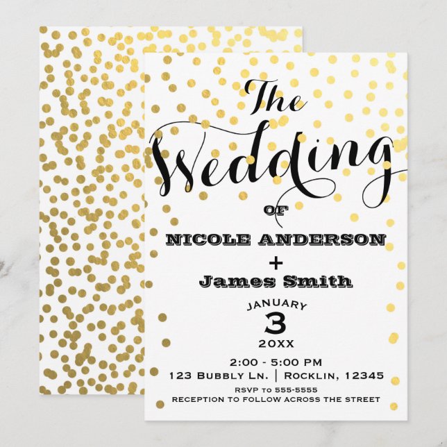 White & Gold Glamour Confetti Foil WEDDING Invitation (Front/Back)