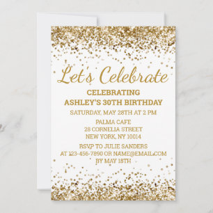 White & Gold Glitter 30th Birthday Let's Celebrate Invitation