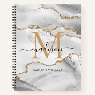 White Gold Glitter Agate Marble Monogram Script Notebook