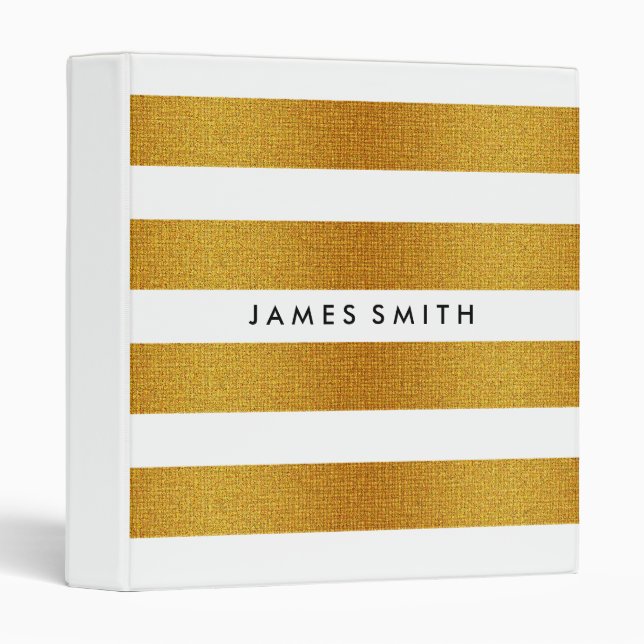 White & Gold Glitter Badge Striped Personalized Binder (Front/Spine)