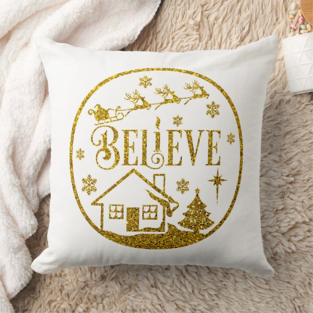 White & Gold Glitter Believe Christmas Decorative Throw Pillow (Blanket)