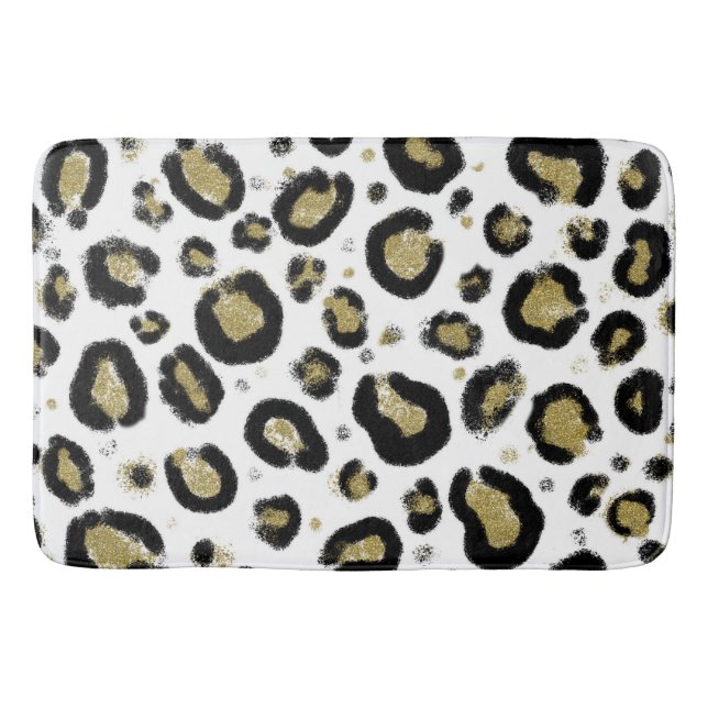 White Gold Glitter & Black Leopard Cheetah Print Bath Mat (Front)