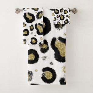 White Gold Glitter & Black Leopard Cheetah Print Bath Towel Set