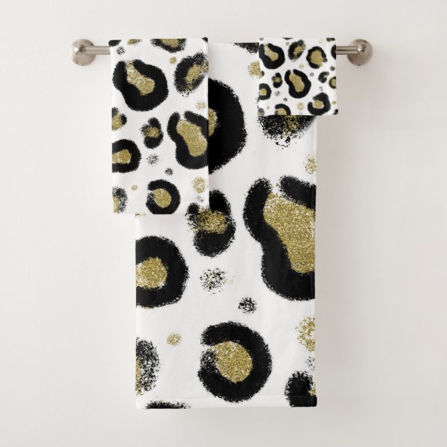 White Gold Glitter & Black Leopard Cheetah Print Bath Towel Set (Insitu)