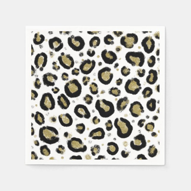 White Gold Glitter & Black Leopard Cheetah Print Napkin (Front)