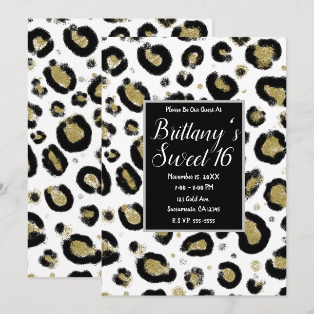 White Gold Glitter & Black Leopard Sweet 16 Party Invitation (Front/Back)